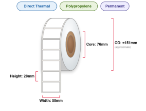 50x28 Labels - Perm, DT, Poly, 76mm Core, 3000/Roll