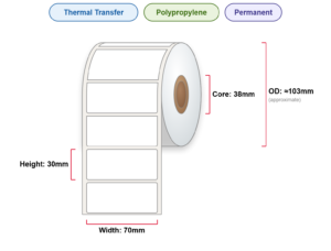 70x30 Labels - Perm, TT, Poly, 38mm Core, 1500/Roll