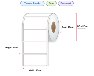 80x40 Labels - Perm, TT, Paper, 38mm Core, 1000/Roll