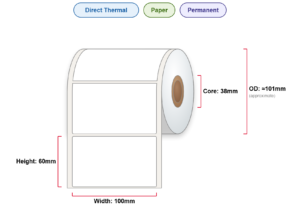 100x60 Labels - Perm, DT, Paper, 38mm Core, 750/Roll