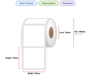 70x70 Labels - Perm, DT, Poly, 38mm Core, 500/Roll