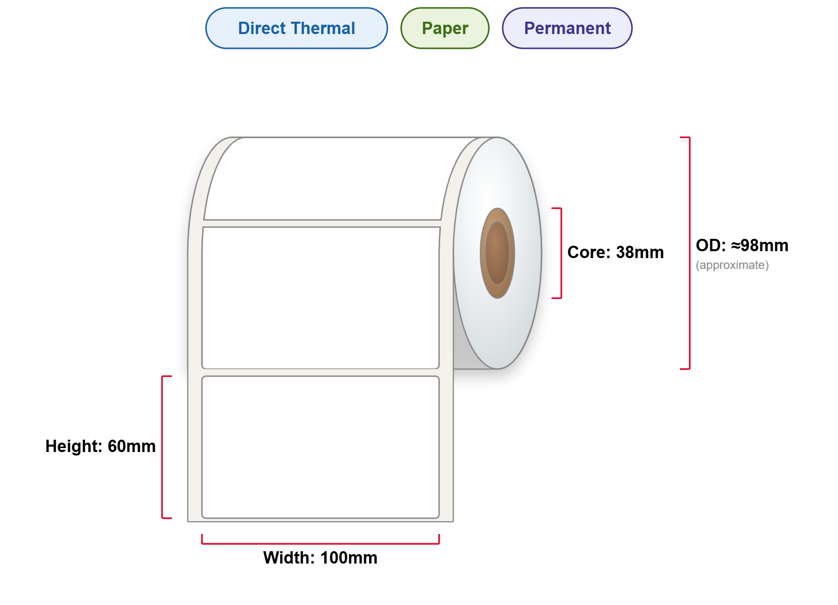 100x60 Labels - Perm, DT, Paper, 38mm Core, 700/Roll