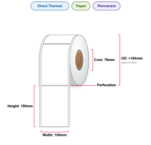 100x150 Labels - Perm, DT, Paper, 76mm Core, 1000/Roll
