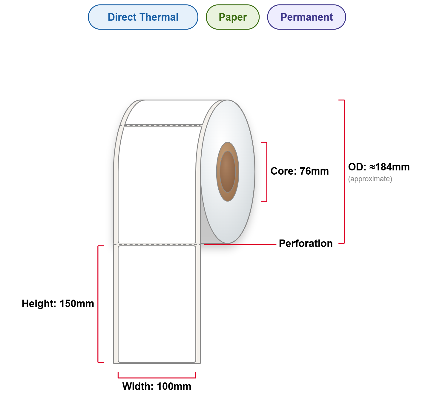 100x150 Labels - Perm, DT, Paper, 76mm Core, 1000/Roll