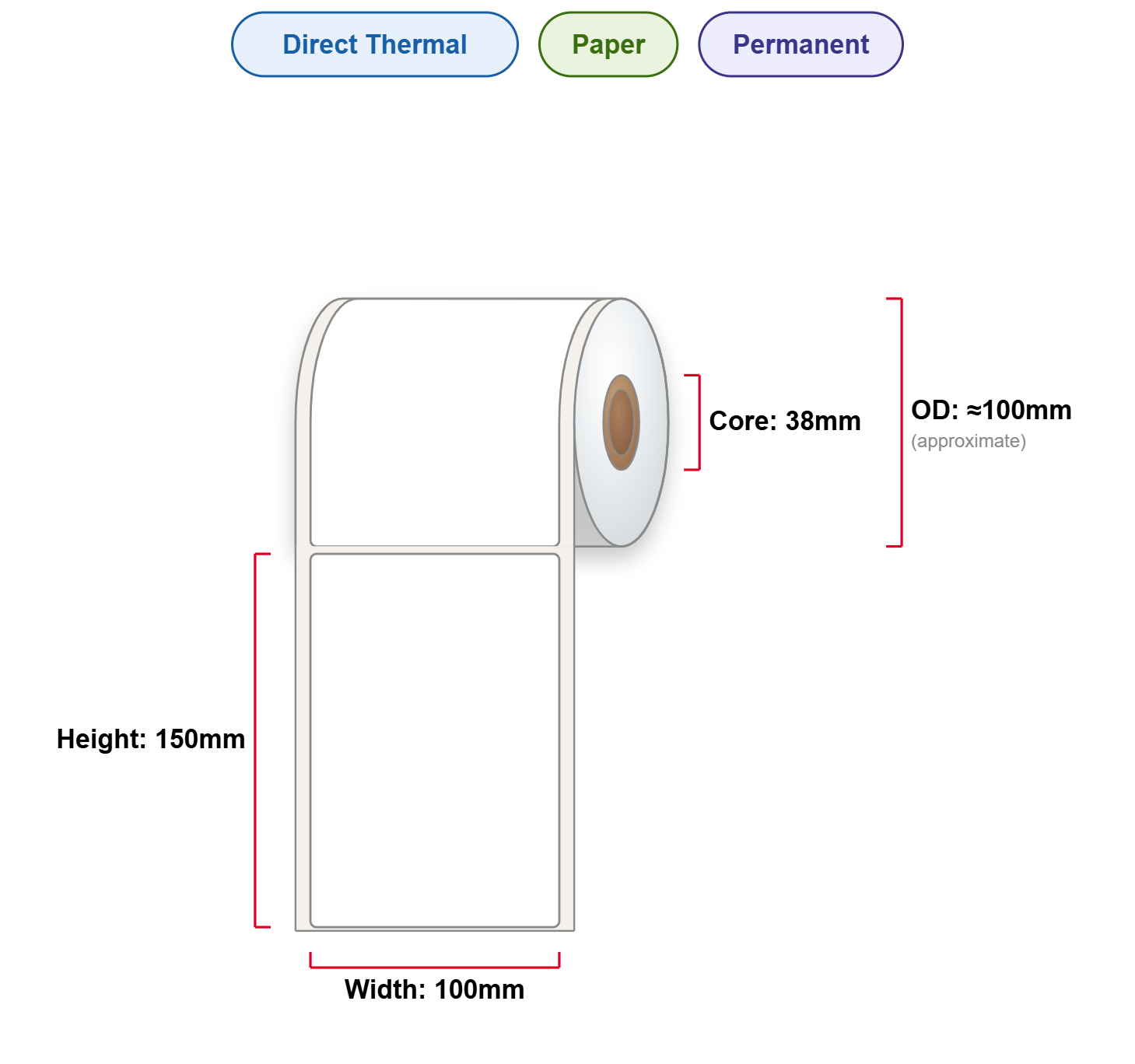 100x150 Labels - Perm, DT, Paper, 38mm Core, 300/Roll