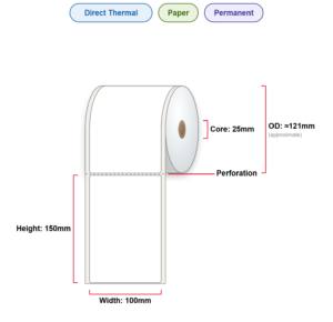 100x150 Labels - Perm, DT, Paper, 25mm Core, 500/Roll