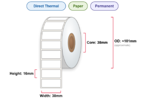 38x16 Labels - Perm, DT, Paper, 38mm Core, 2500/Roll