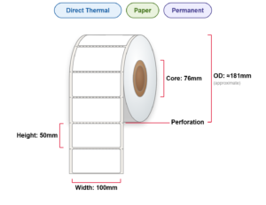 100x50 Labels - Perm, DT, Paper, 76mm Core, 2760/Roll