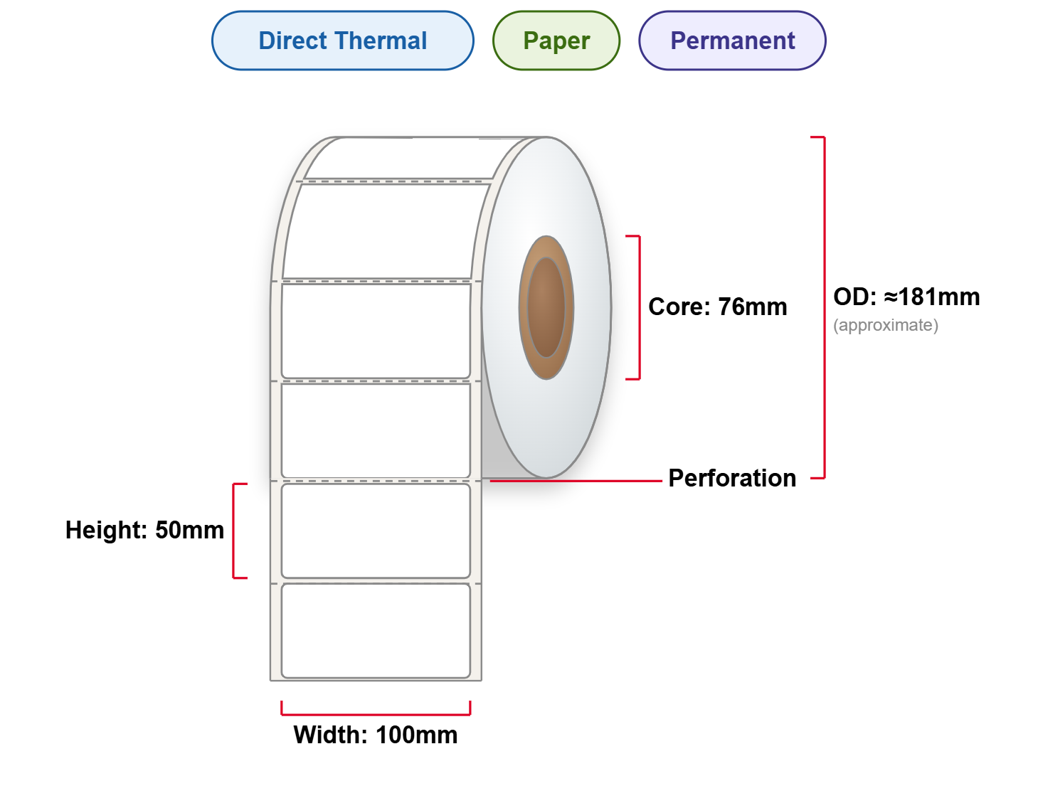100x50 Labels - Perm, DT, Paper, 76mm Core, 2760/Roll