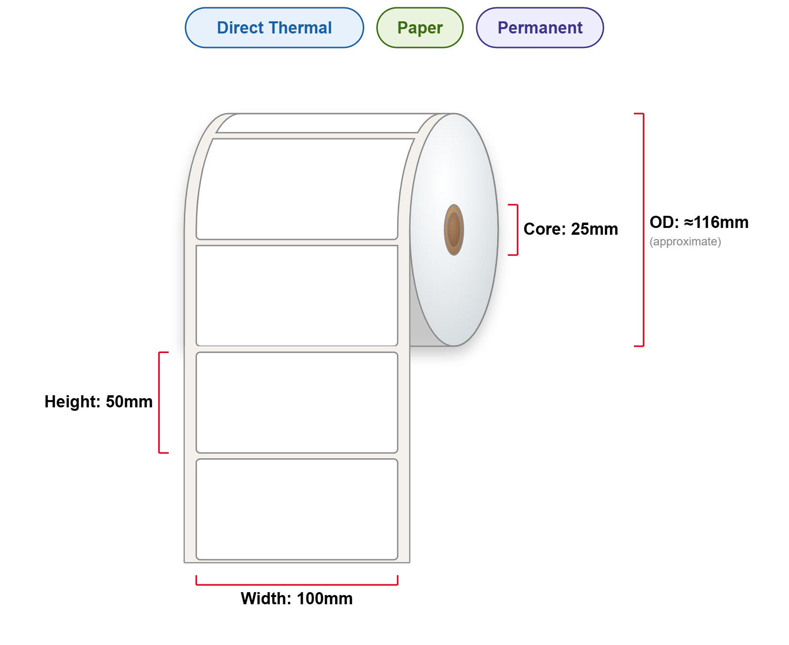 100x50 Labels - Perm, DT, Paper, 25mm Core, 1300/Roll