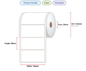 100x50 Labels - Perm, TT, Paper, 25mm Core, 1000/Roll