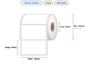 100x60 Labels - Perm, TT, Paper, 38mm Core, 800/Roll