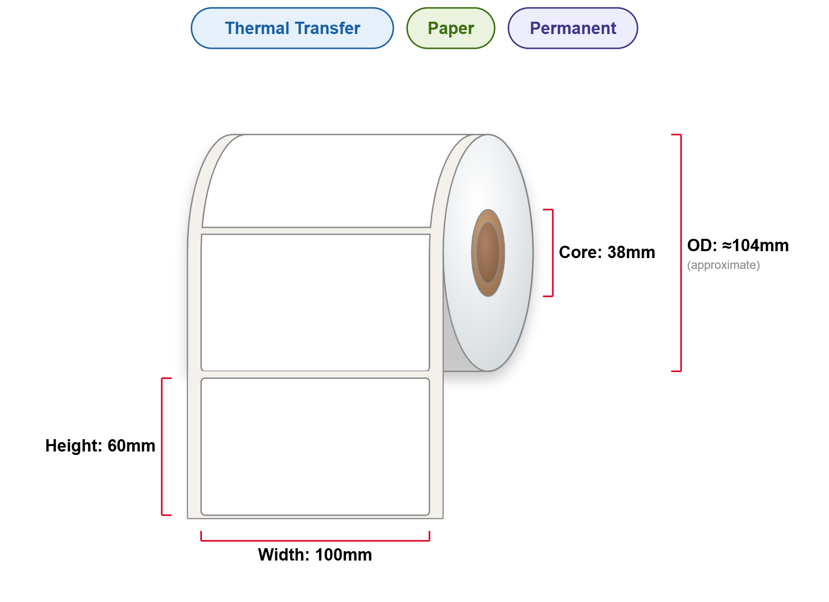 100x60 Labels - Perm, TT, Paper, 38mm Core, 800/Roll