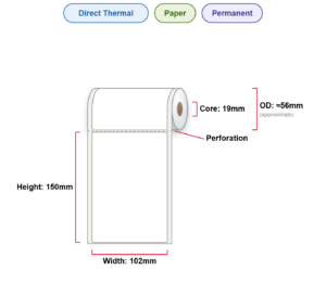 102x150 Labels - Perm, DT, Paper, 19mm Core, 100/Roll